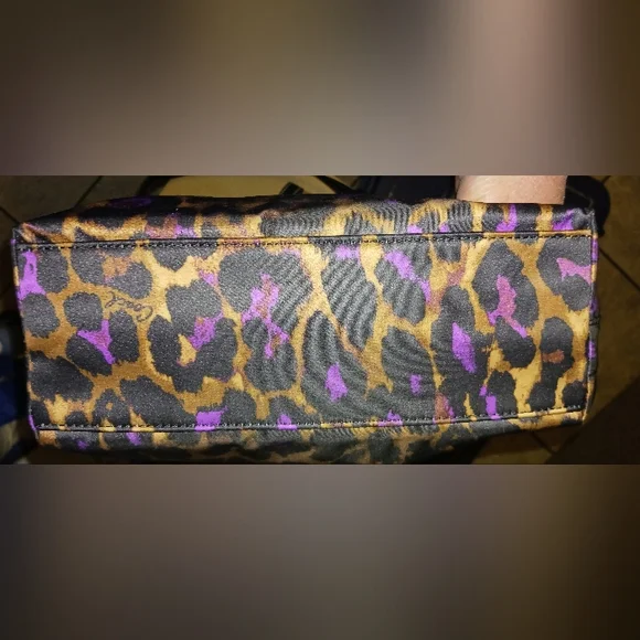 Coach Leopard Print Tote Shoulder Bag Black Purple Nylon Canvas Purse - Picture 3 of 5